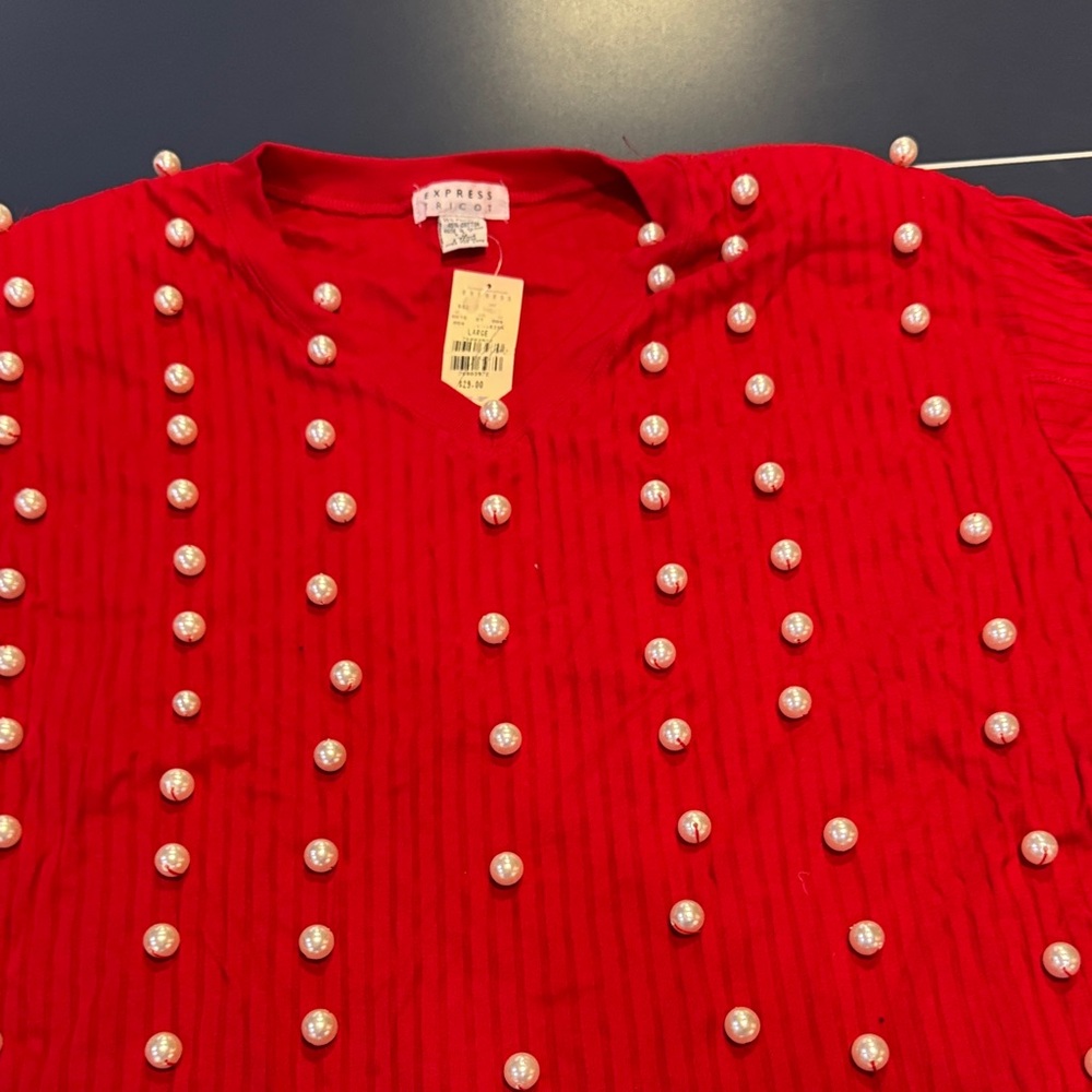 Red Beaded Short Sleeve Top